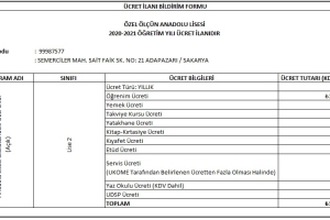2020 - 2021 Eğitim Öğretim Dönemi Ücret Listesi