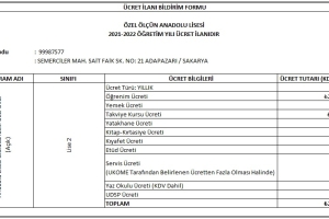 2021 - 2022 Eğitim Öğretim Dönemi Ücret Listesi