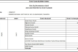 2019 - 2020 Eğitim Öğretim Dönemi Ücret Listesi