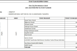 2023 - 2024 Eğitim Öğretim Dönemi Ücret Listesi