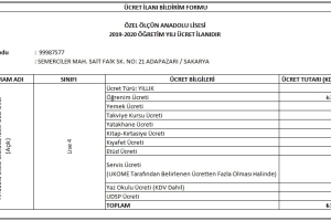 2019 - 2020 Eğitim Öğretim Dönemi Ücret Listesi