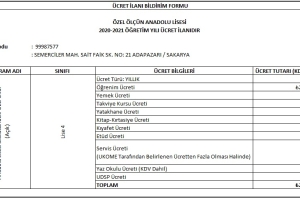 2020 - 2021 Eğitim Öğretim Dönemi Ücret Listesi