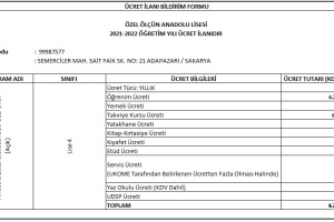 2021 - 2022 Eğitim Öğretim Dönemi Ücret Listesi