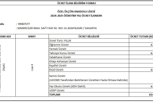 2024 - 2025 Eğitim Öğretim Dönemi Ücret Listesi