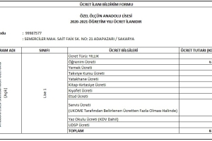 2020 - 2021 Eğitim Öğretim Dönemi Ücret Listesi