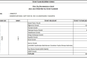 2022 - 2023 Eğitim Öğretim Dönemi Ücret Listesi
