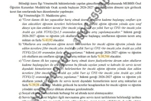 2026 - 2027 Eğitim Öğretim Dönemi Ücret Listesi